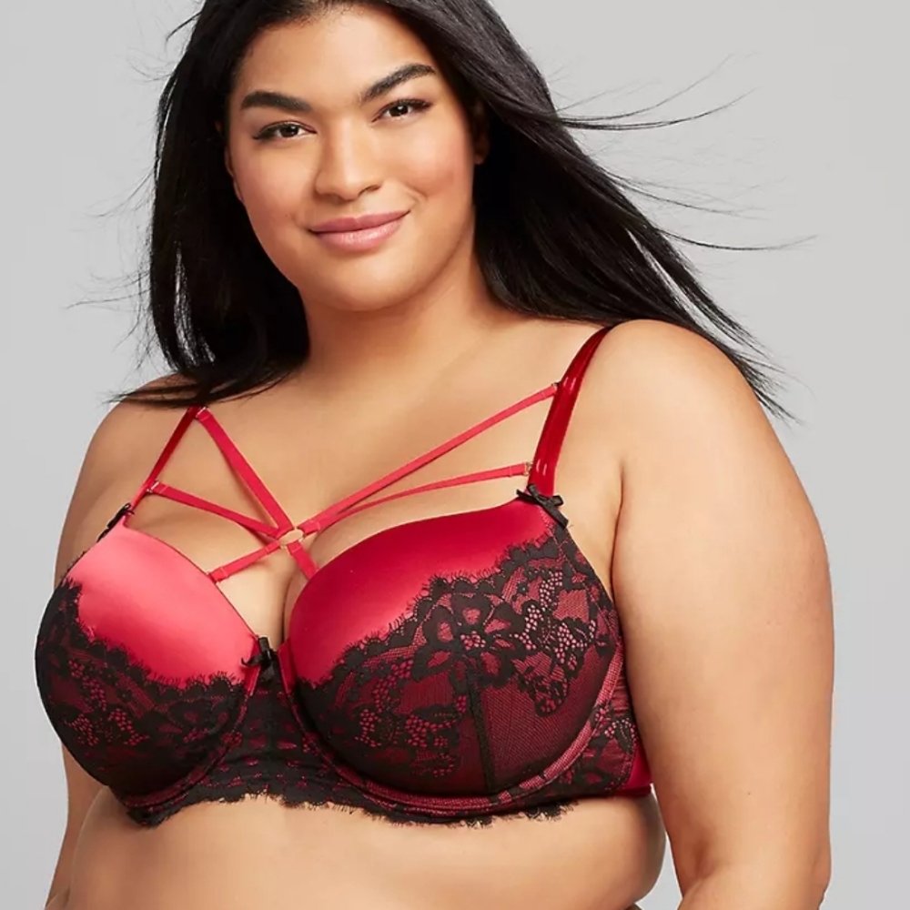 Lane Bryant satin & lace boost balconette strappy detail seriously sexy bra 40DD